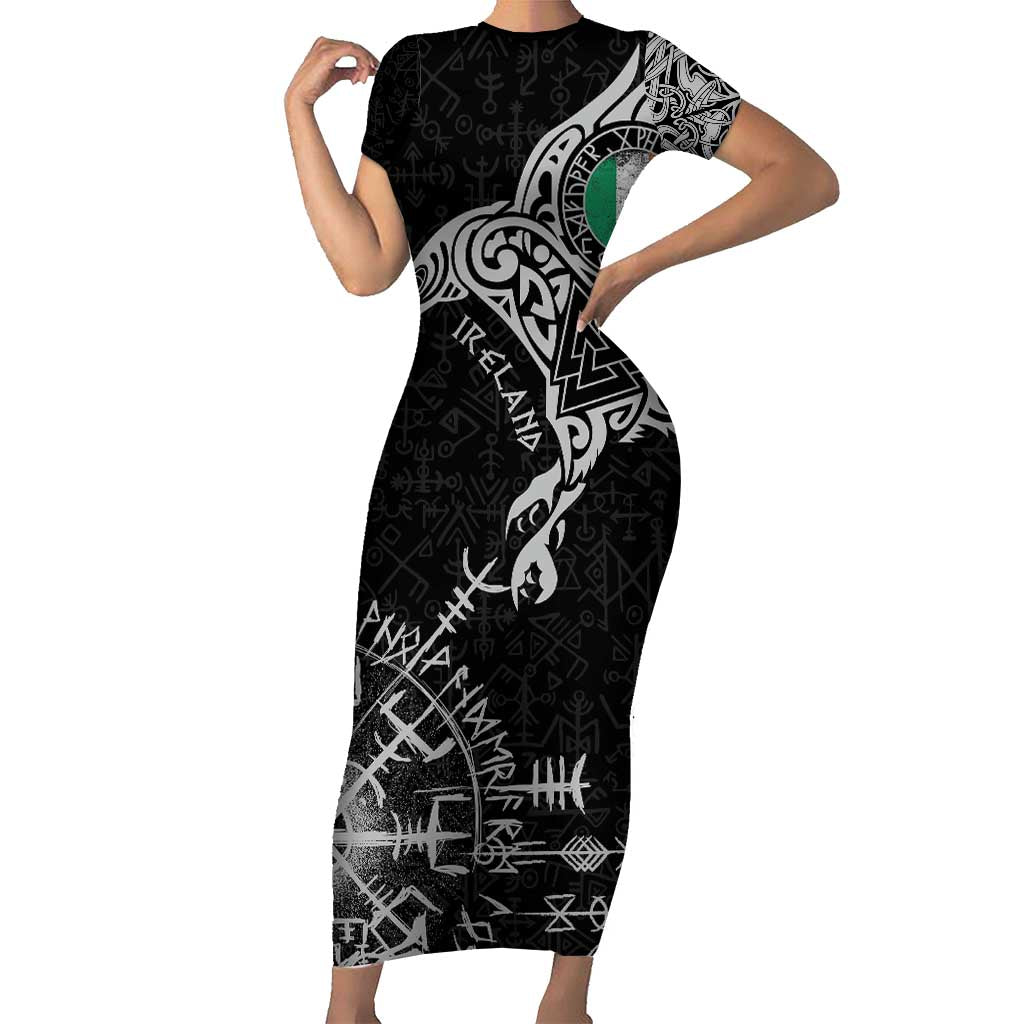 Ireland Viking Ravens Short Sleeve Bodycon Dress Vegvisir Runes Pattern - Wonder Print Shop