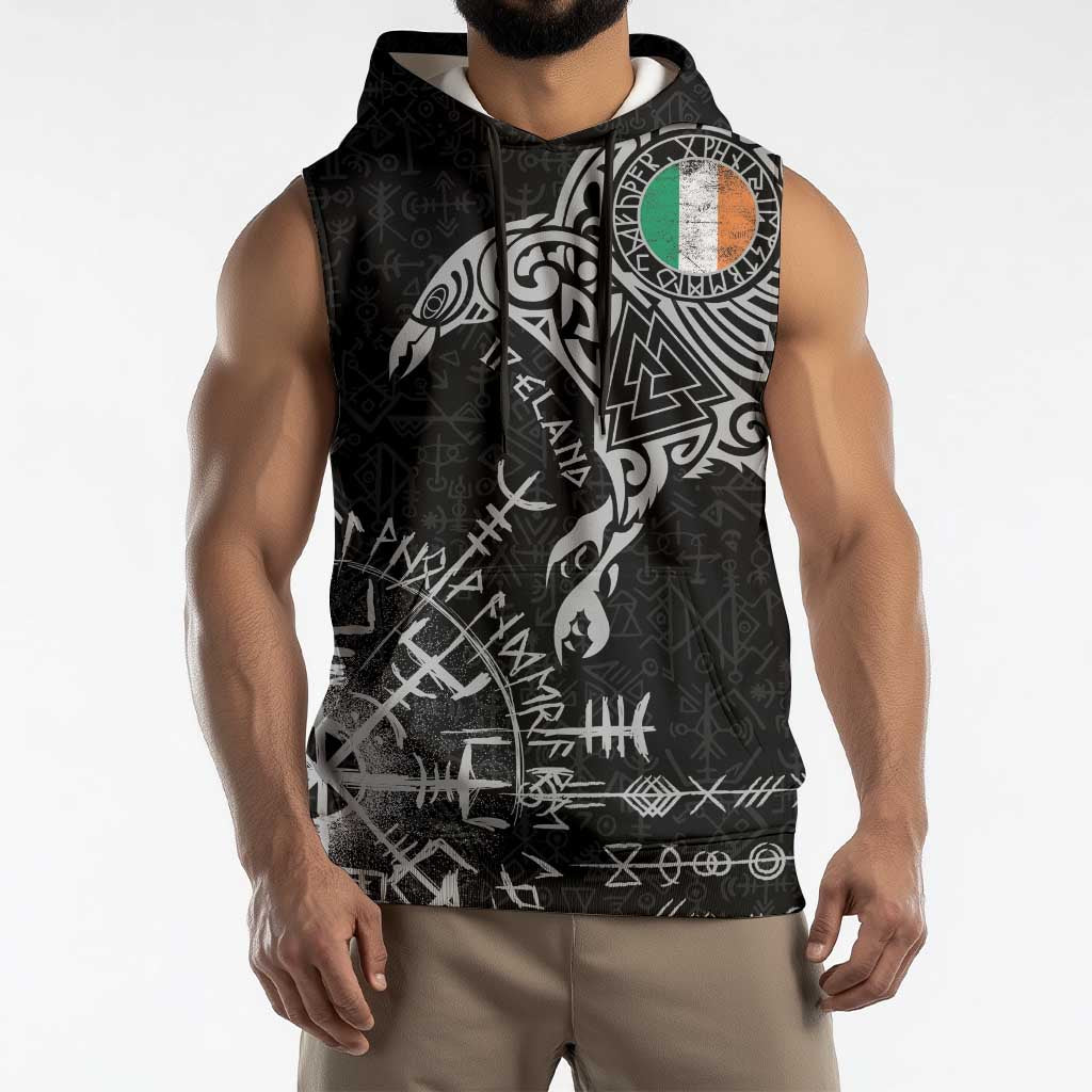 Ireland Viking Ravens Sleeveless Hoodie Vegvisir Runes Pattern - Wonder Print Shop