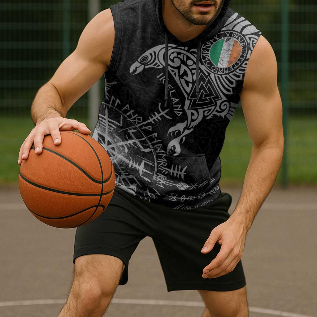 Ireland Viking Ravens Sleeveless Hoodie Vegvisir Runes Pattern - Wonder Print Shop