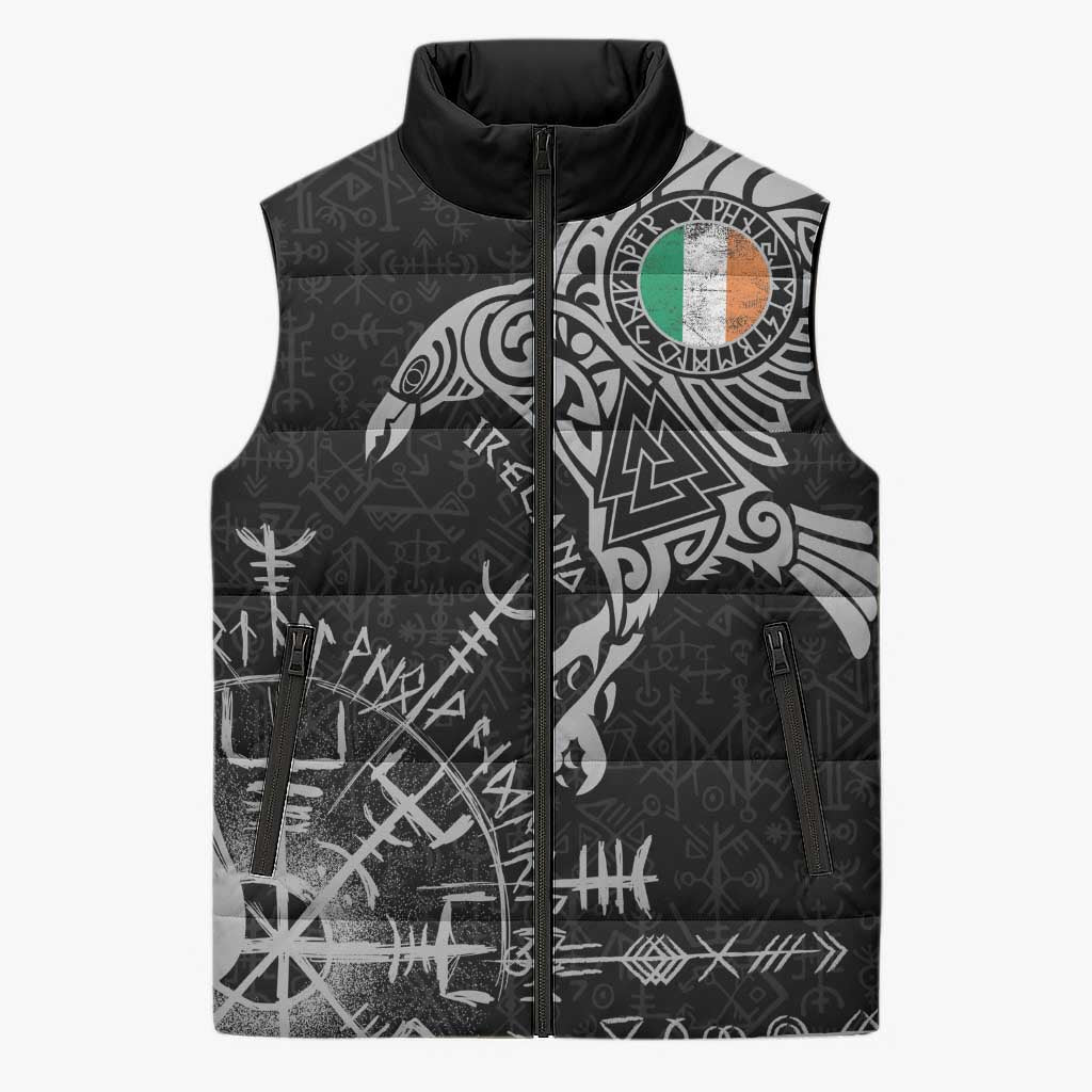 Ireland Viking Ravens Sleeveless Puffer Jacket Vegvisir Runes Pattern - Wonder Print Shop