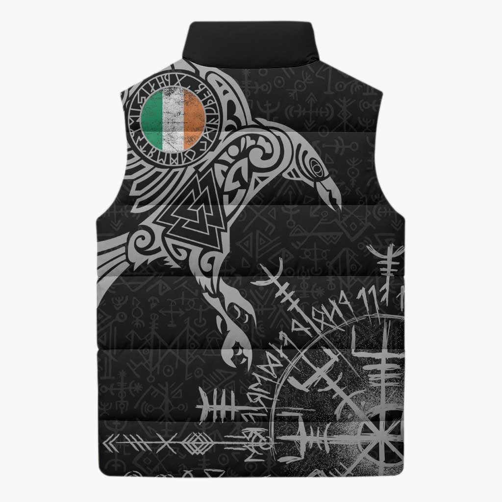 Ireland Viking Ravens Sleeveless Puffer Jacket Vegvisir Runes Pattern - Wonder Print Shop