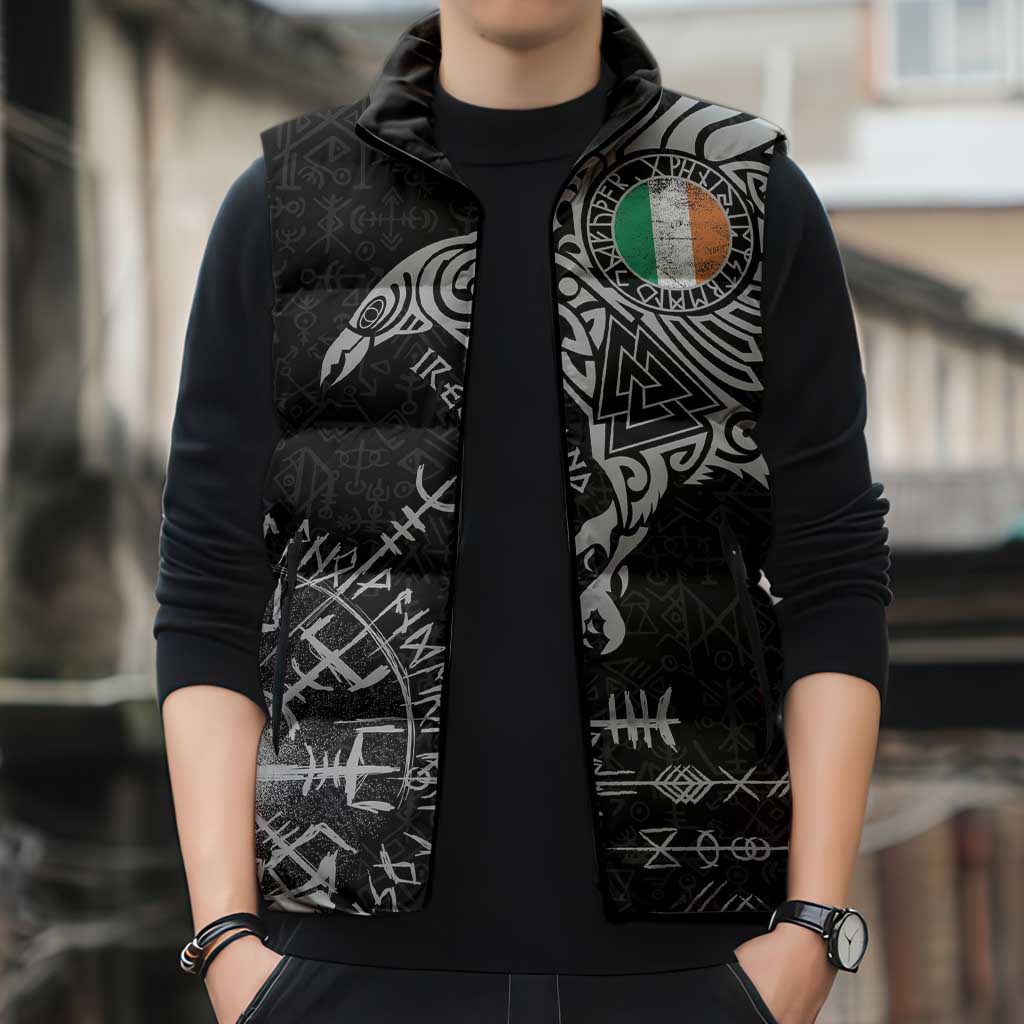 Ireland Viking Ravens Sleeveless Puffer Jacket Vegvisir Runes Pattern - Wonder Print Shop