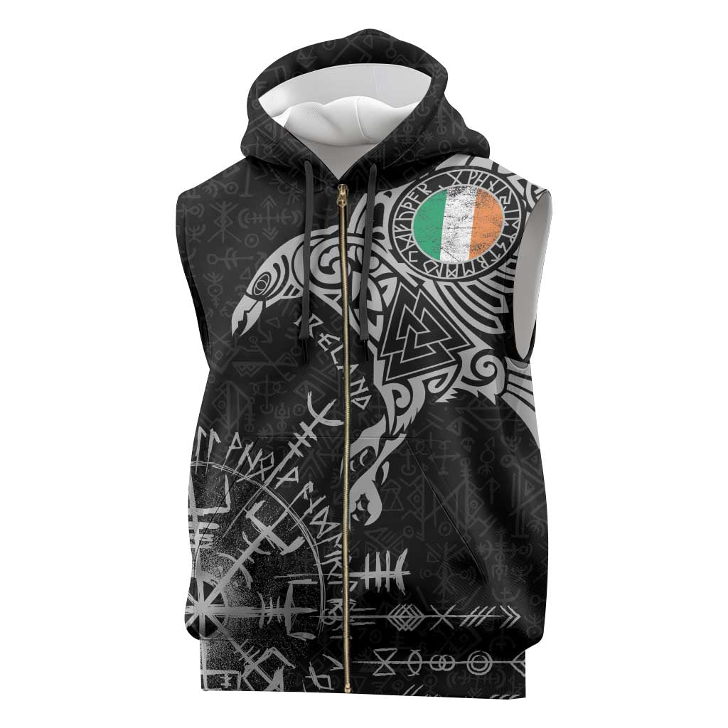 Ireland Viking Ravens Sleeveless Zip Hoodie Vegvisir Runes Pattern - Wonder Print Shop