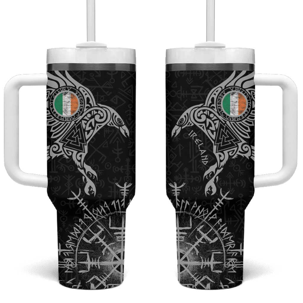Ireland Viking Ravens Tumbler With Handle Vegvisir Runes Pattern - Wonder Print Shop