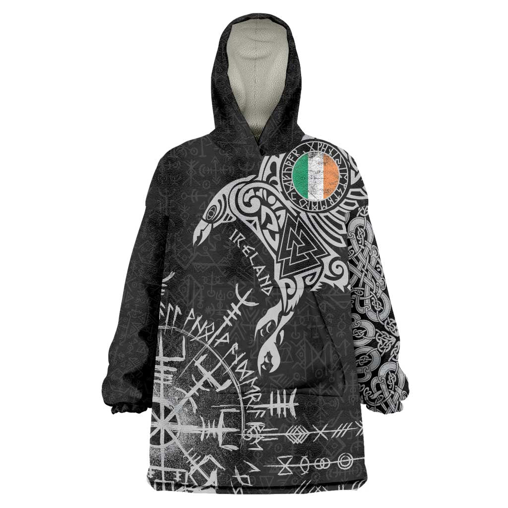 Ireland Viking Ravens Wearable Blanket Hoodie Vegvisir Runes Pattern - Wonder Print Shop