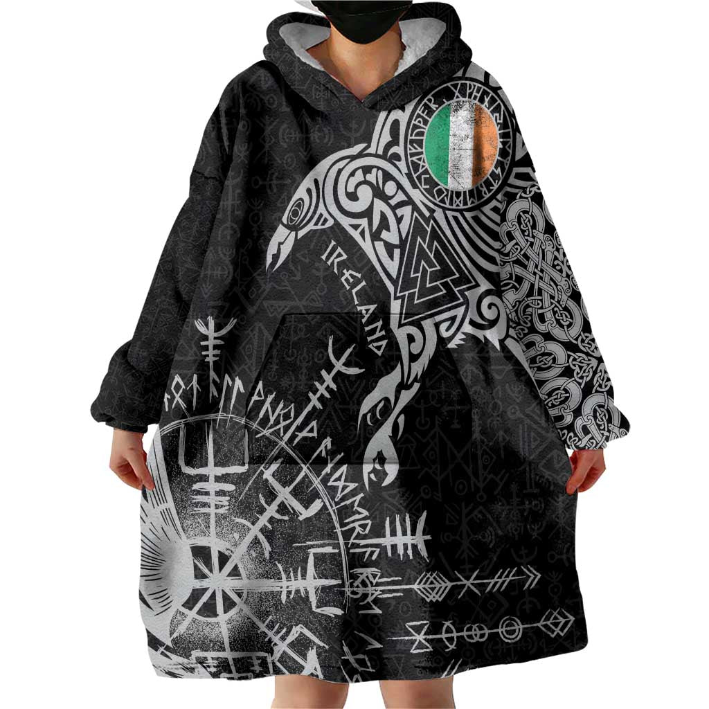 Ireland Viking Ravens Wearable Blanket Hoodie Vegvisir Runes Pattern - Wonder Print Shop