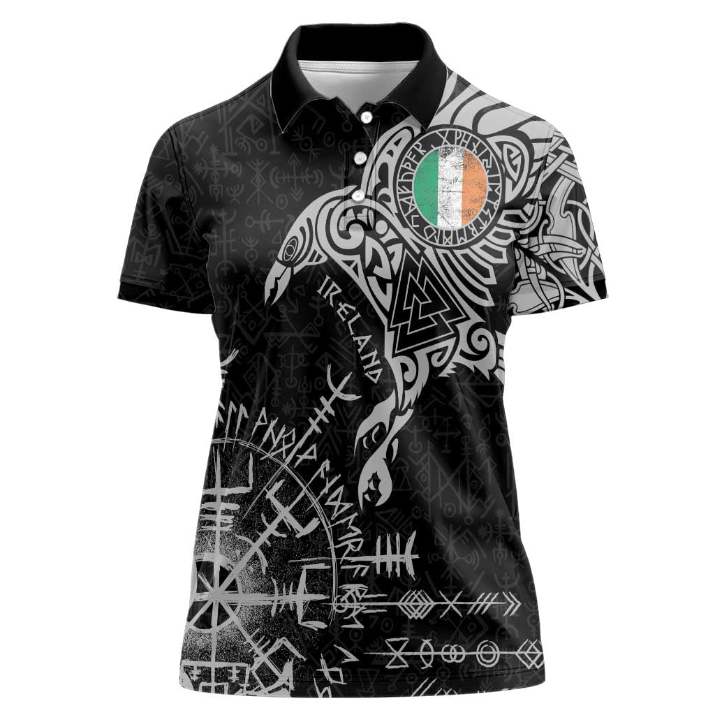 Ireland Viking Ravens Women Polo Shirt Vegvisir Runes Pattern - Wonder Print Shop
