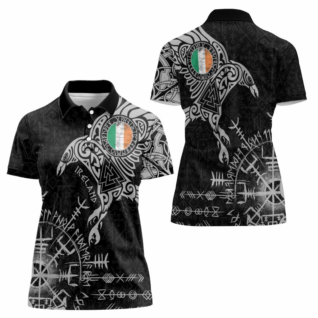 Ireland Viking Ravens Women Polo Shirt Vegvisir Runes Pattern - Wonder Print Shop