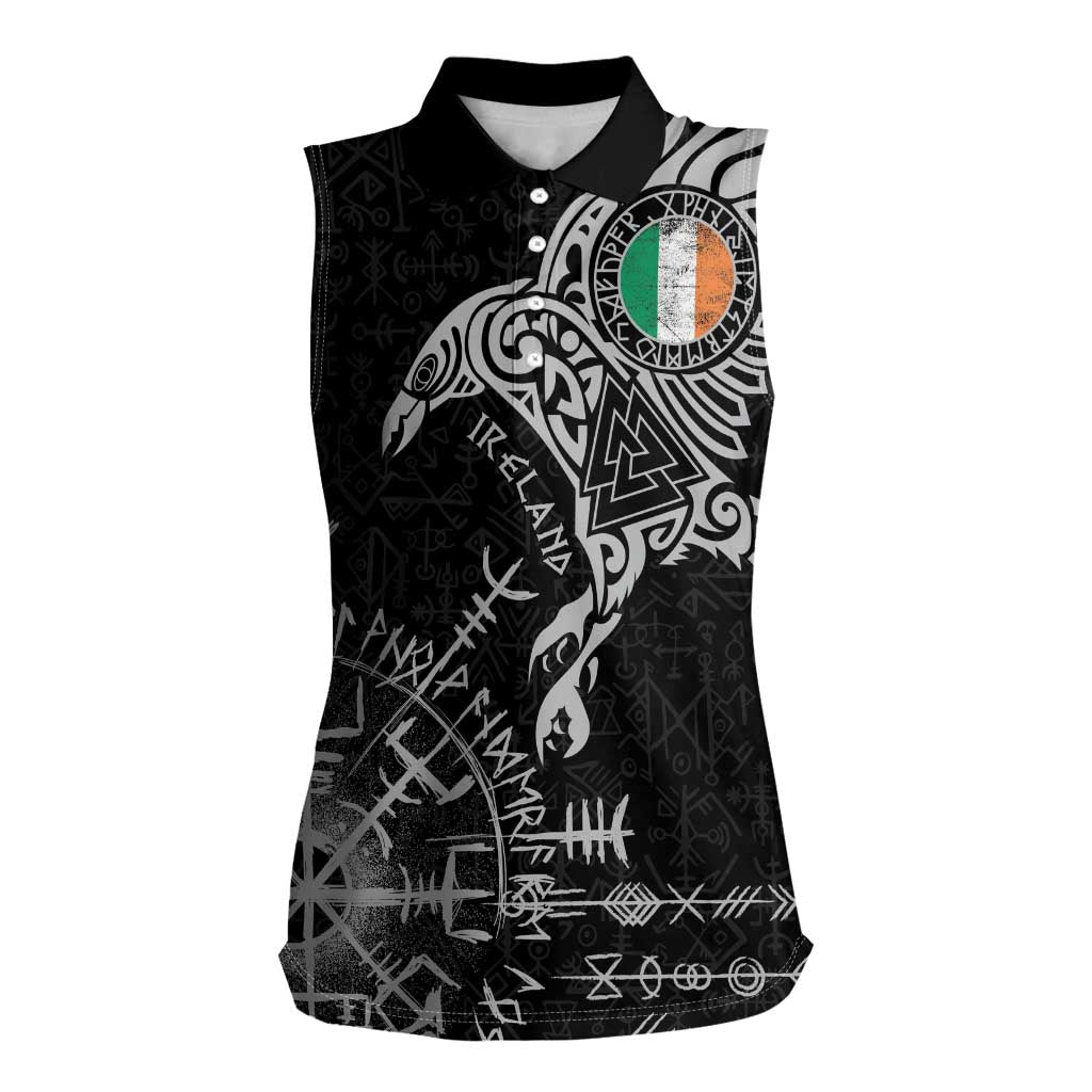 Ireland Viking Ravens Women Sleeveless Polo Shirt Vegvisir Runes Pattern - Wonder Print Shop