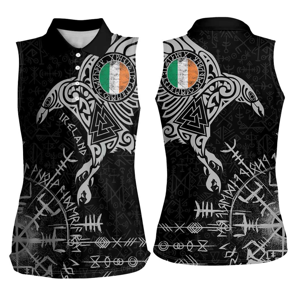 Ireland Viking Ravens Women Sleeveless Polo Shirt Vegvisir Runes Pattern - Wonder Print Shop