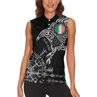 Ireland Viking Ravens Women Sleeveless Polo Shirt Vegvisir Runes Pattern - Wonder Print Shop