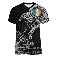 Ireland Viking Ravens Women V-Neck T-Shirt Vegvisir Runes Pattern - Wonder Print Shop