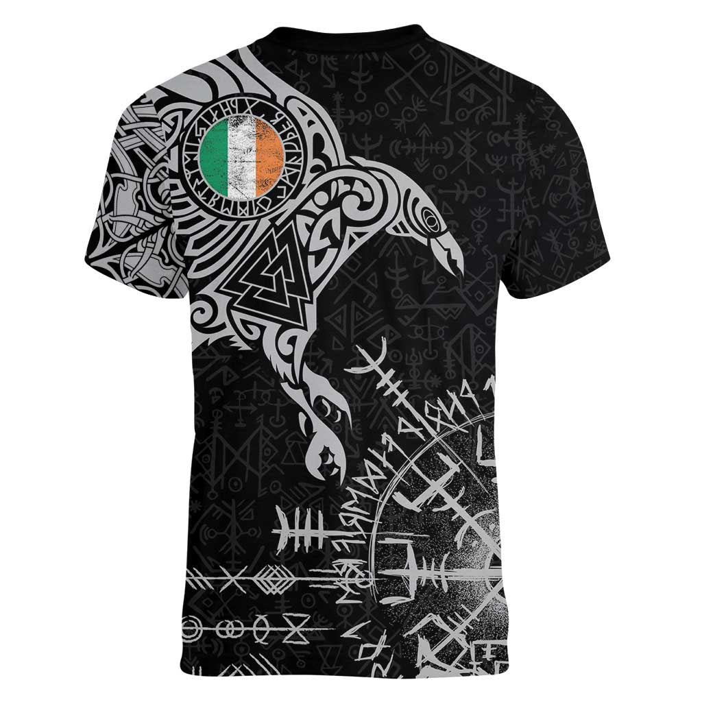 Ireland Viking Ravens Women V-Neck T-Shirt Vegvisir Runes Pattern - Wonder Print Shop