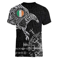 Ireland Viking Ravens Women V-Neck T-Shirt Vegvisir Runes Pattern - Wonder Print Shop