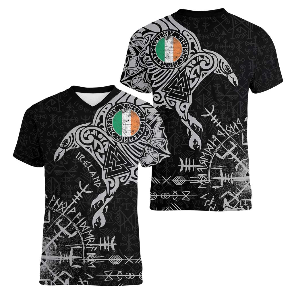 Ireland Viking Ravens Women V-Neck T-Shirt Vegvisir Runes Pattern - Wonder Print Shop