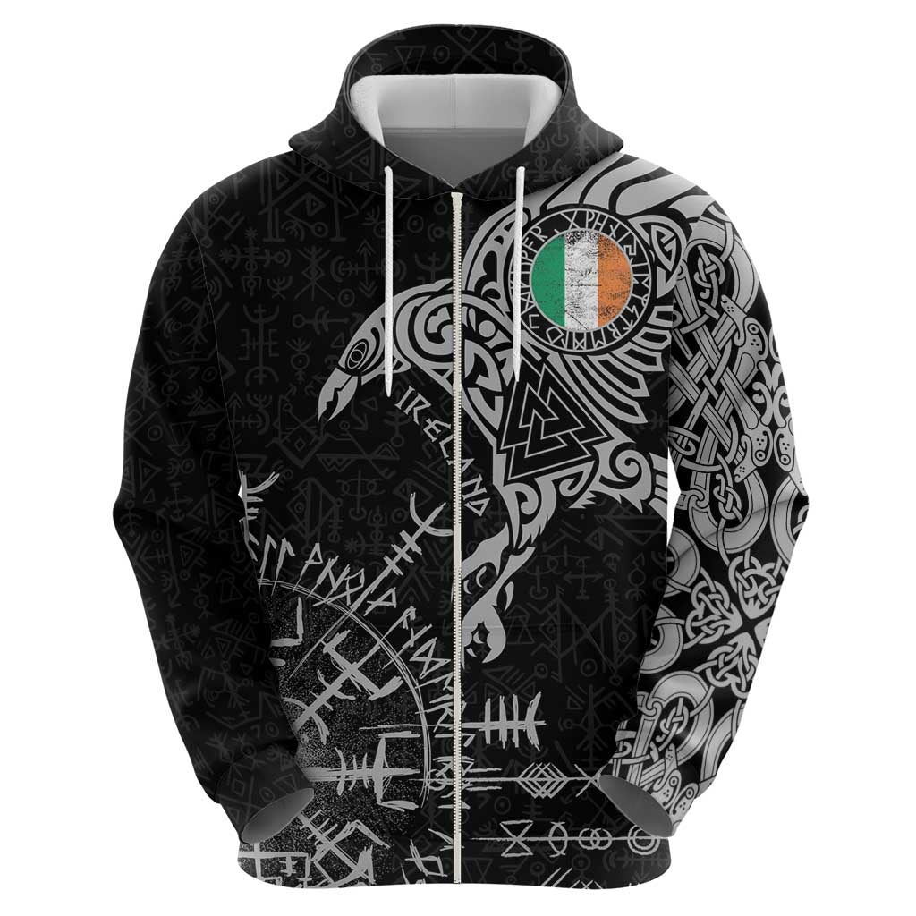 Ireland Viking Ravens Zip Hoodie Vegvisir Runes Pattern - Wonder Print Shop