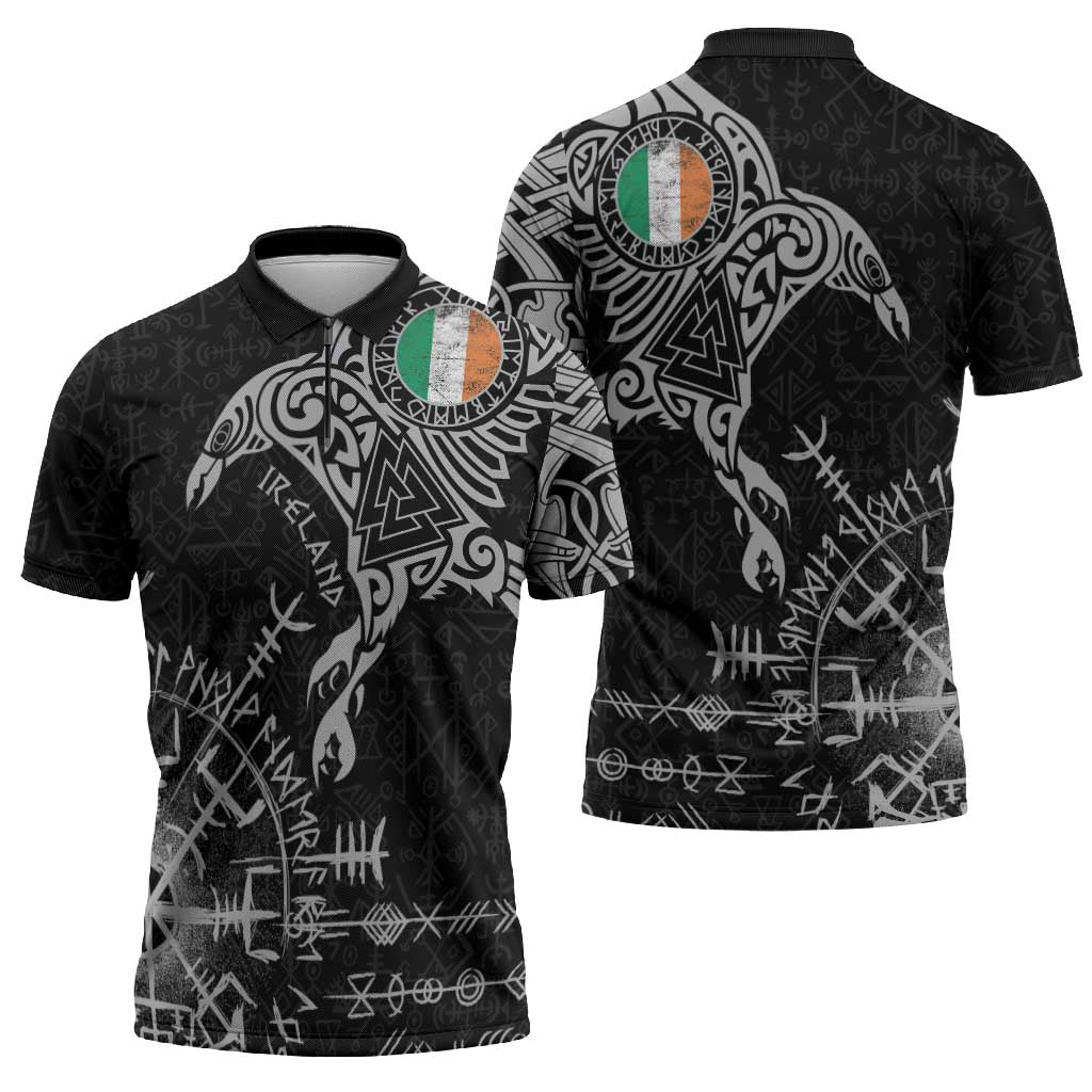 Ireland Viking Ravens Zipper Polo Shirt Vegvisir Runes Pattern - Wonder Print Shop