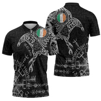 Ireland Viking Ravens Zipper Polo Shirt Vegvisir Runes Pattern - Wonder Print Shop