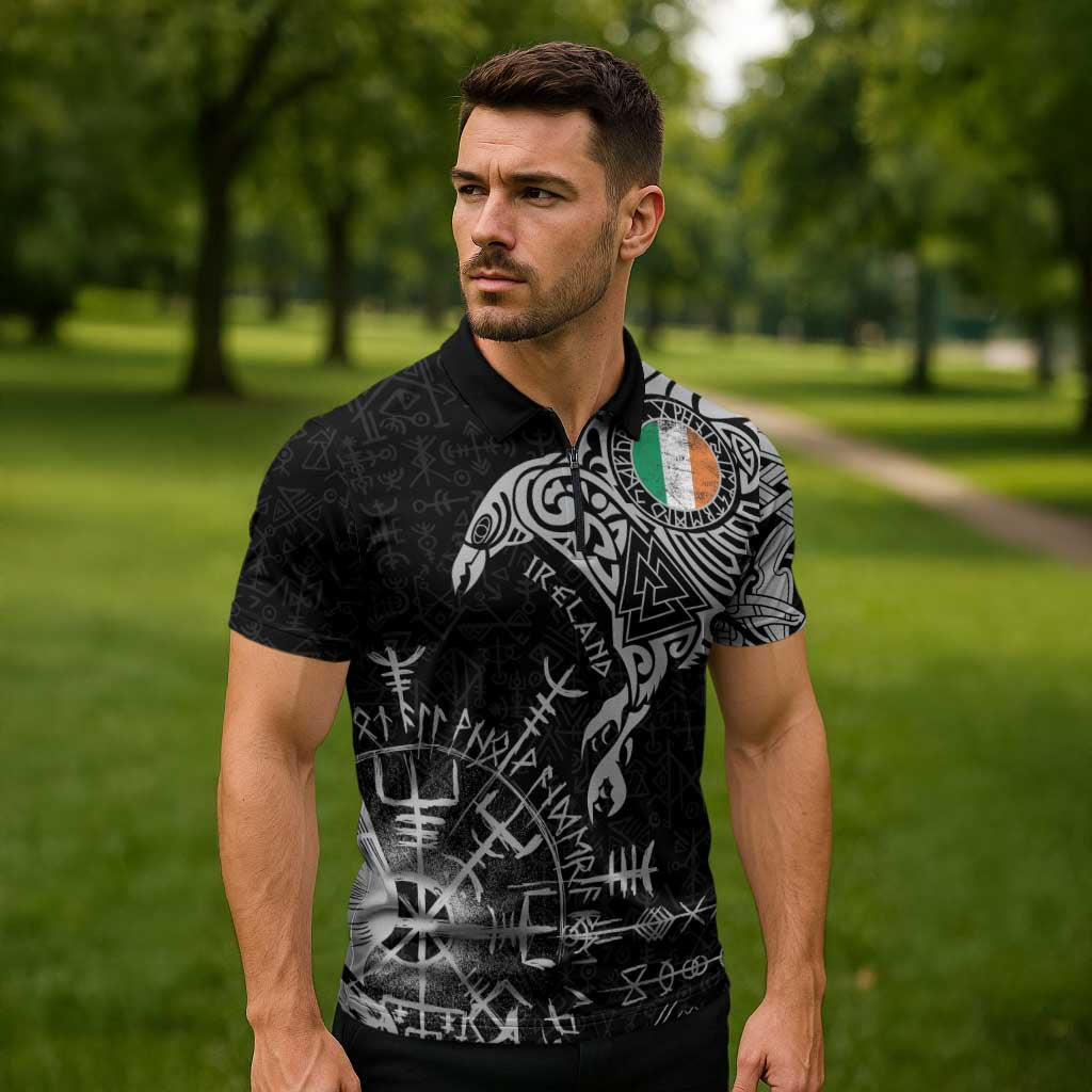 Ireland Viking Ravens Zipper Polo Shirt Vegvisir Runes Pattern - Wonder Print Shop