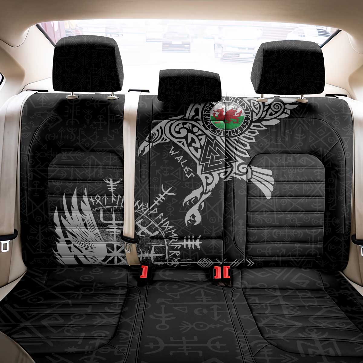 Wales Viking Ravens Back Car Seat Cover Vegvisir Runes Pattern - Wonder Print Shop