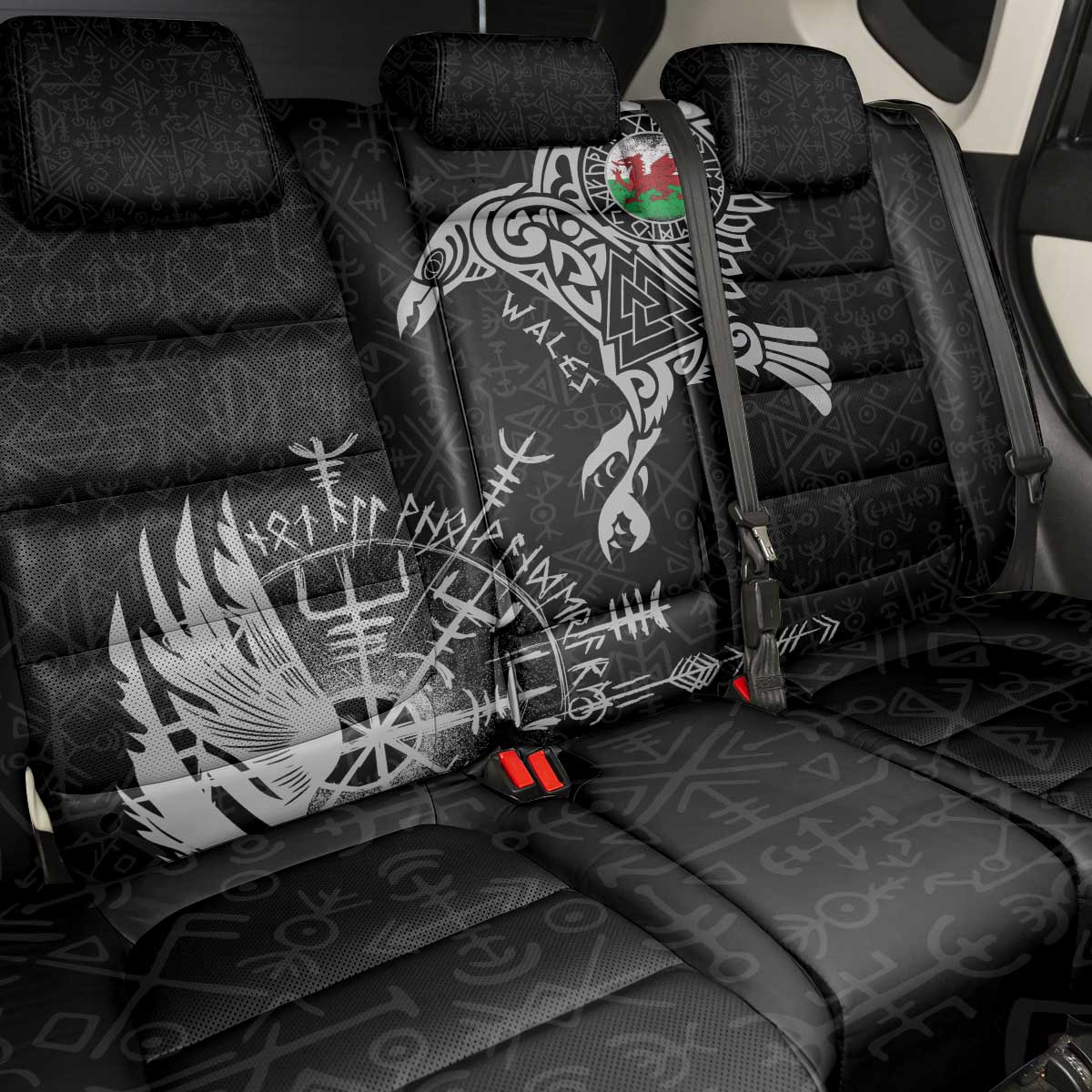 Wales Viking Ravens Back Car Seat Cover Vegvisir Runes Pattern - Wonder Print Shop