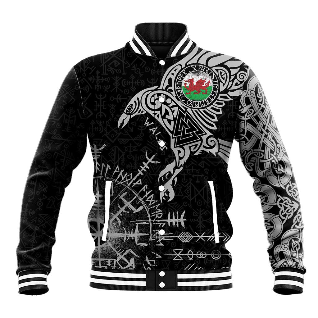Wales Viking Ravens Baseball Jacket Vegvisir Runes Pattern - Wonder Print Shop