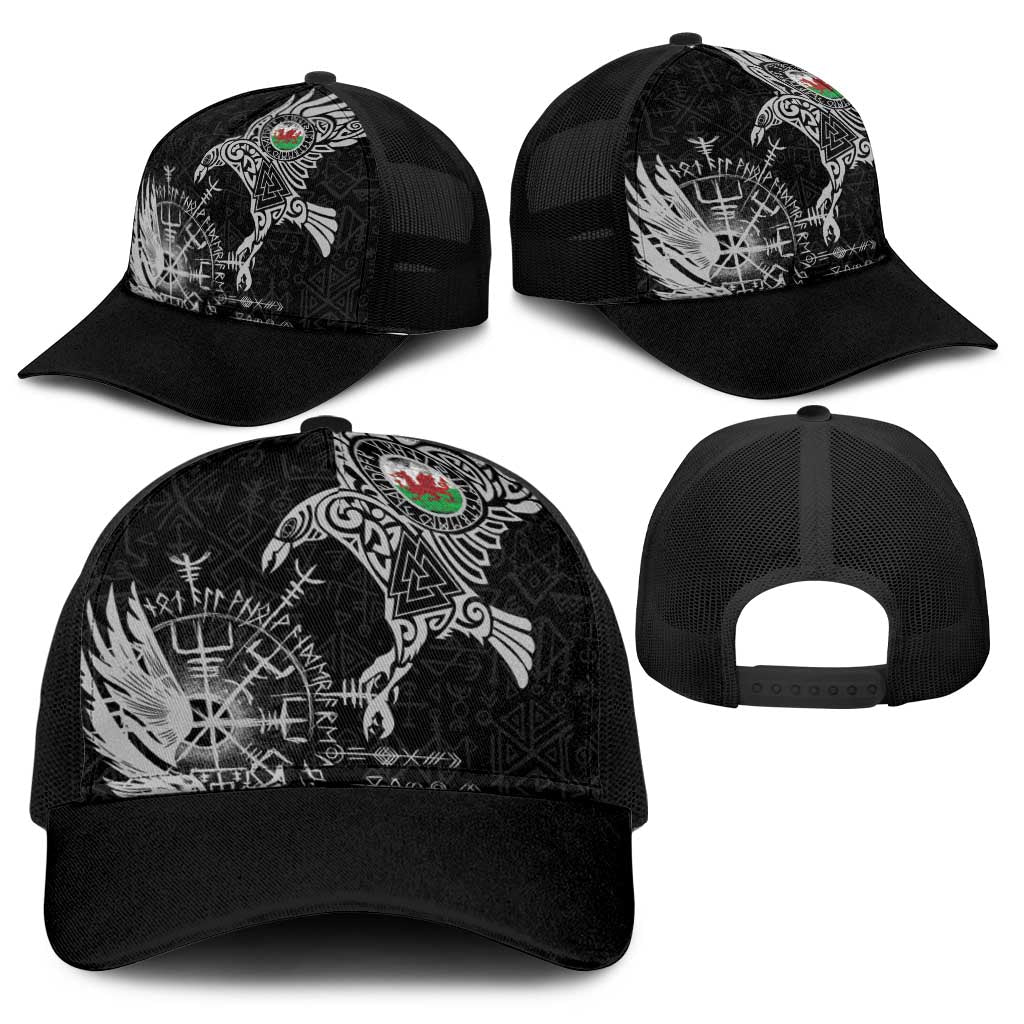 Wales Viking Ravens Baseball Net Cap Vegvisir Runes Pattern - Wonder Print Shop