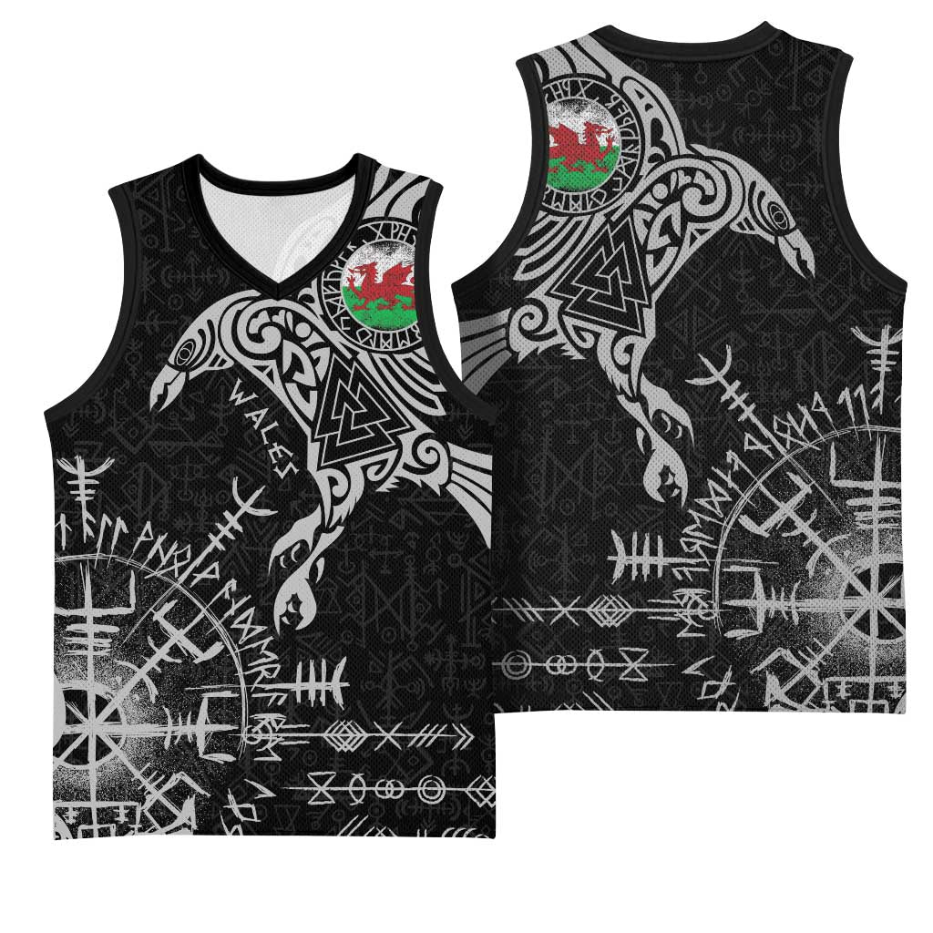 Wales Viking Ravens Basketball Jersey Vegvisir Runes Pattern - Wonder Print Shop
