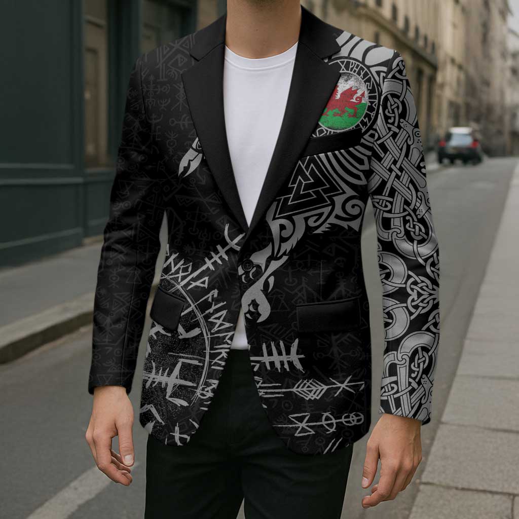 Wales Viking Ravens Blazer Vegvisir Runes Pattern - Wonder Print Shop