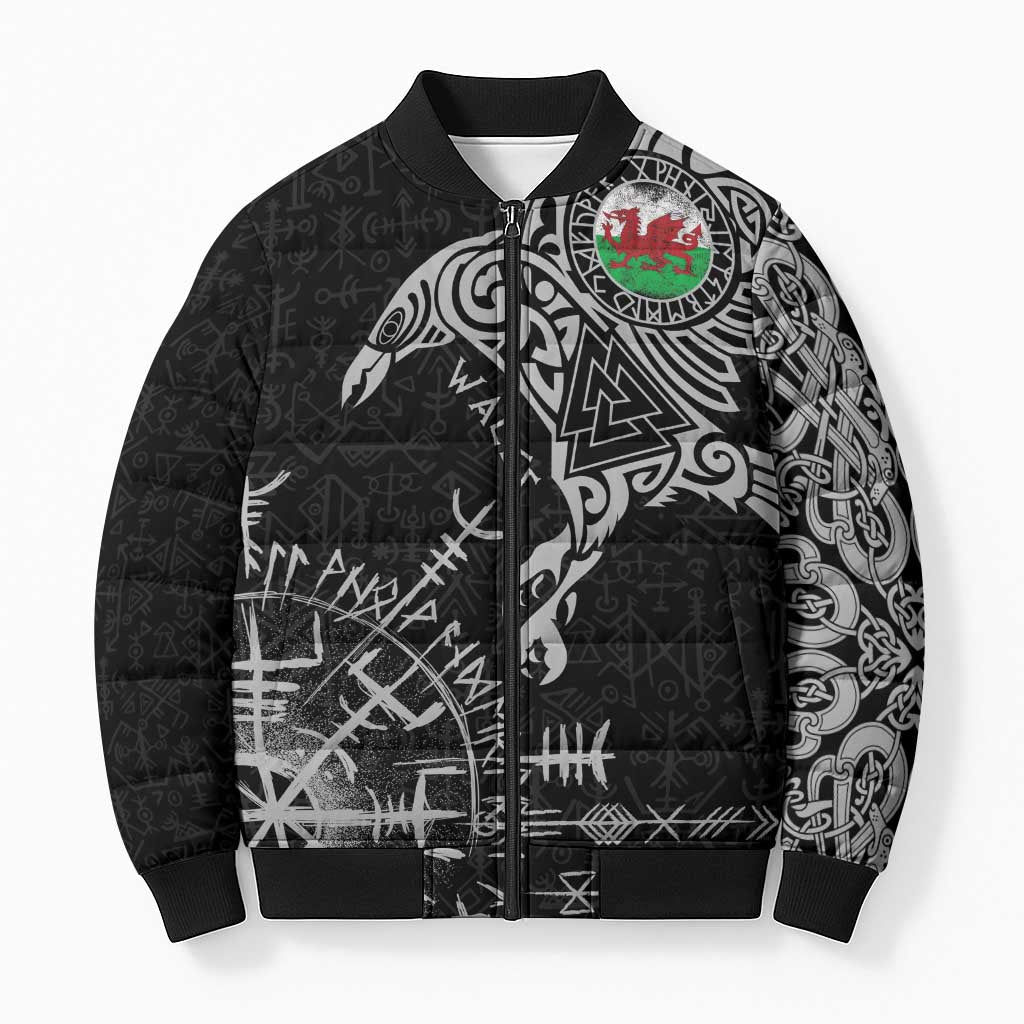 Wales Viking Ravens Bomber Puffer Jacket Vegvisir Runes Pattern - Wonder Print Shop