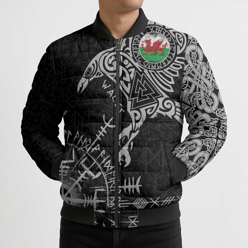 Wales Viking Ravens Bomber Puffer Jacket Vegvisir Runes Pattern - Wonder Print Shop