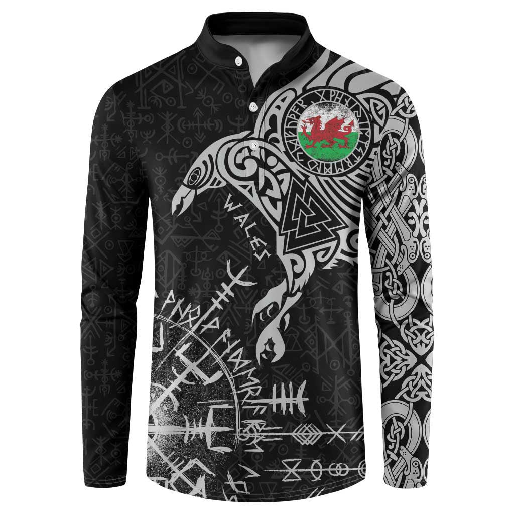 Wales Viking Ravens Button Sweatshirt Vegvisir Runes Pattern - Wonder Print Shop