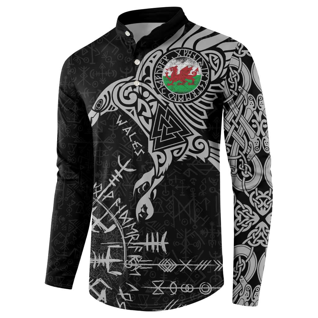 Wales Viking Ravens Button Sweatshirt Vegvisir Runes Pattern - Wonder Print Shop