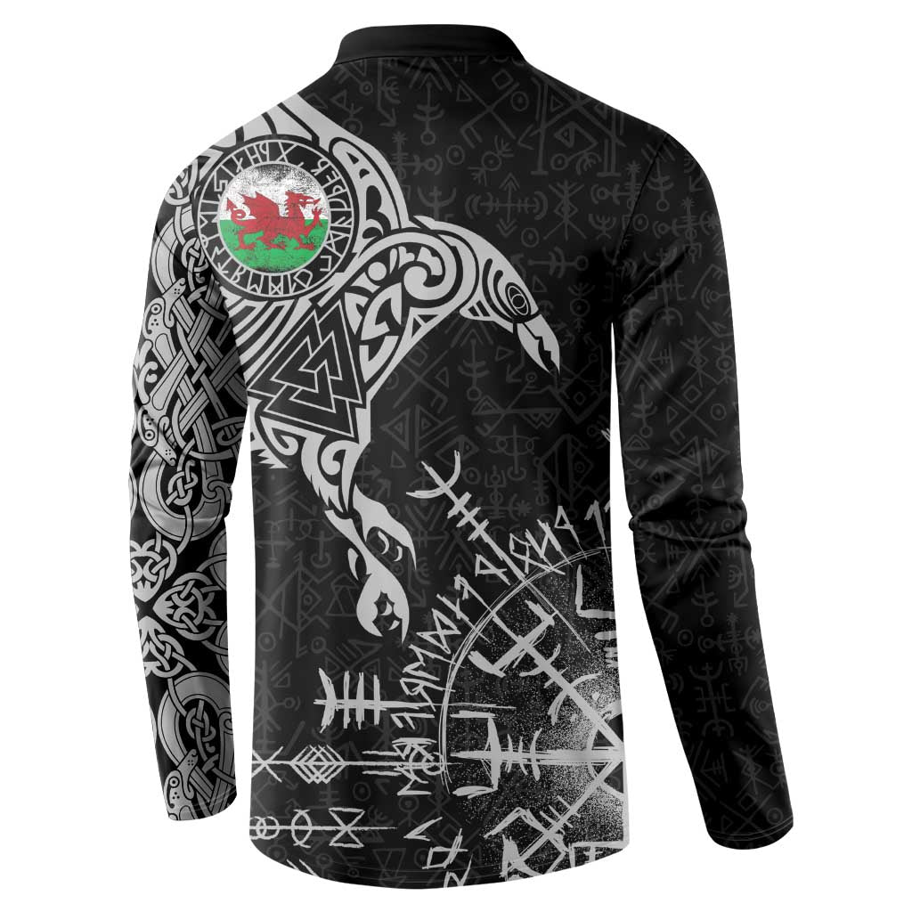 Wales Viking Ravens Button Sweatshirt Vegvisir Runes Pattern - Wonder Print Shop