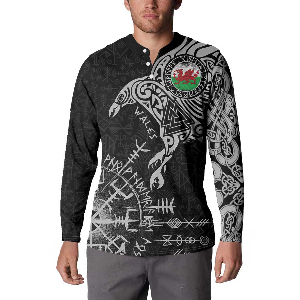 Wales Viking Ravens Button Sweatshirt Vegvisir Runes Pattern - Wonder Print Shop
