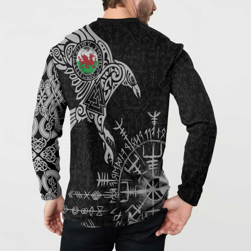 Wales Viking Ravens Button Sweatshirt Vegvisir Runes Pattern - Wonder Print Shop