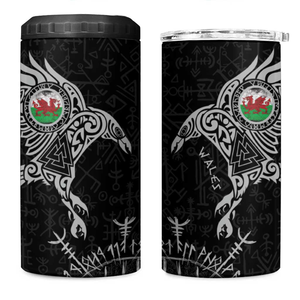 Wales Viking Ravens 4 in 1 Can Cooler Tumbler Vegvisir Runes Pattern - Wonder Print Shop