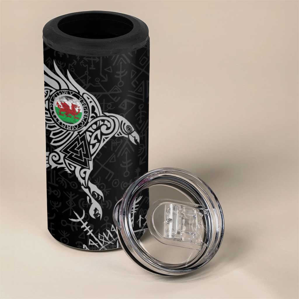 Wales Viking Ravens 4 in 1 Can Cooler Tumbler Vegvisir Runes Pattern - Wonder Print Shop