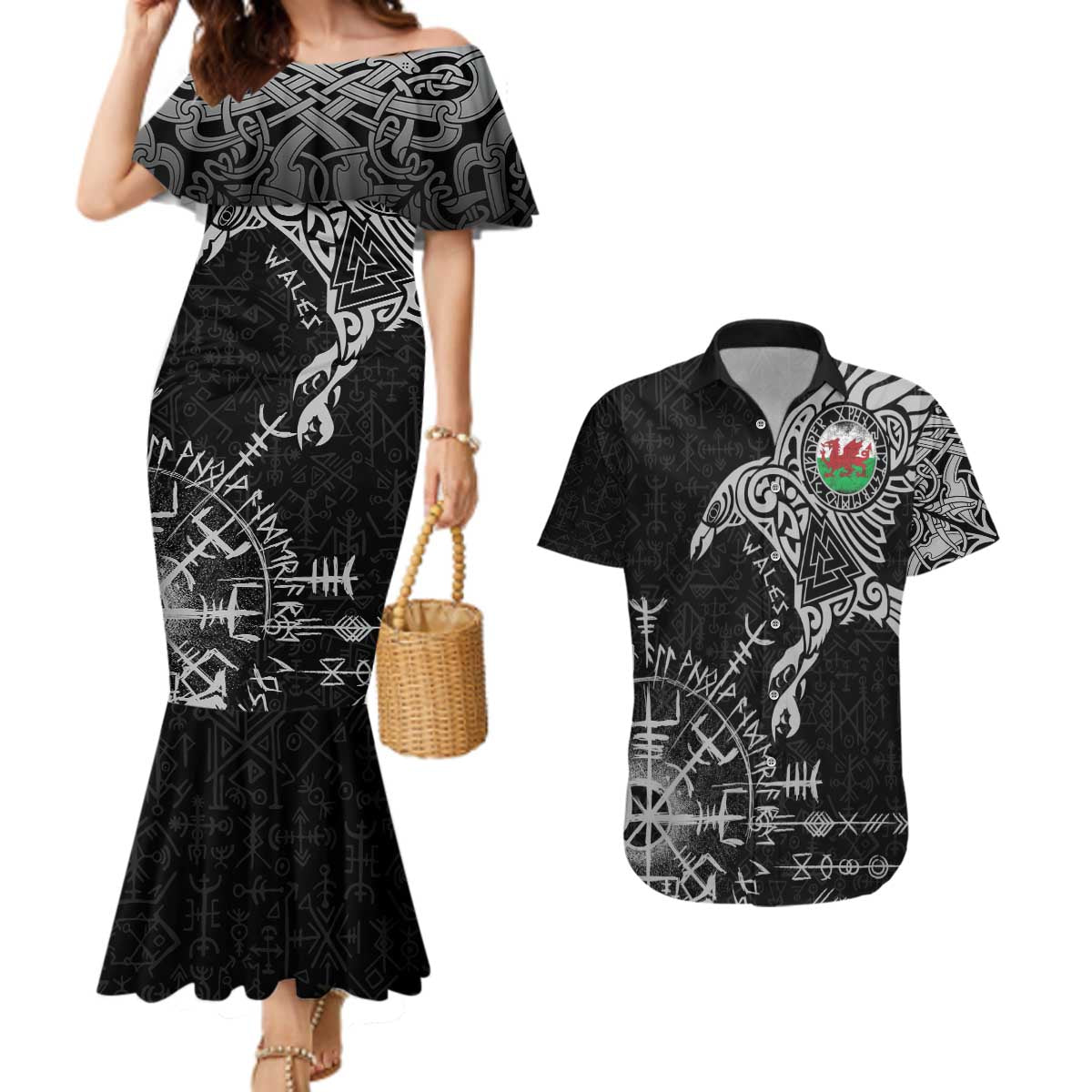 Wales Viking Ravens Couples Matching Mermaid Dress and Hawaiian Shirt Vegvisir Runes Pattern - Wonder Print Shop
