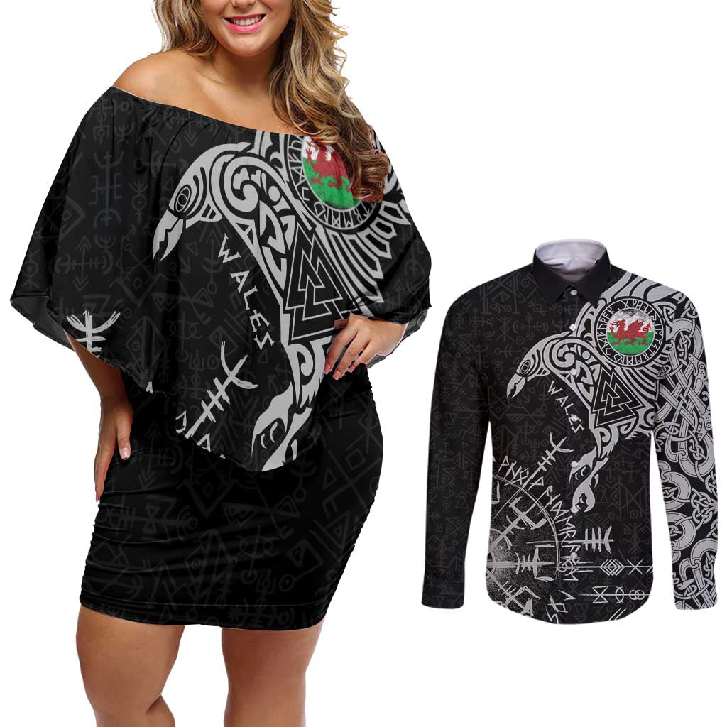 Wales Viking Ravens Couples Matching Off Shoulder Short Dress and Long Sleeve Button Shirt Vegvisir Runes Pattern - Wonder Print Shop