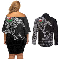 Wales Viking Ravens Couples Matching Off Shoulder Short Dress and Long Sleeve Button Shirt Vegvisir Runes Pattern - Wonder Print Shop