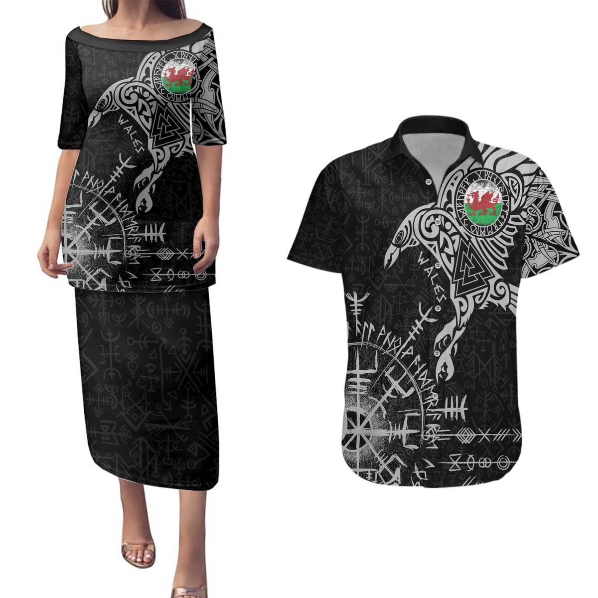 Wales Viking Ravens Couples Matching Puletasi and Hawaiian Shirt Vegvisir Runes Pattern - Wonder Print Shop