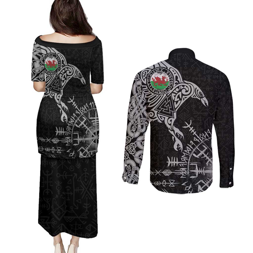 Wales Viking Ravens Couples Matching Puletasi and Long Sleeve Button Shirt Vegvisir Runes Pattern - Wonder Print Shop