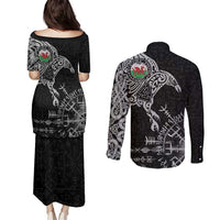 Wales Viking Ravens Couples Matching Puletasi and Long Sleeve Button Shirt Vegvisir Runes Pattern - Wonder Print Shop