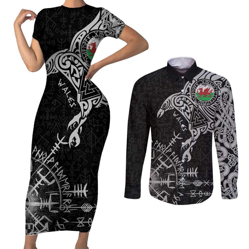 Wales Viking Ravens Couples Matching Short Sleeve Bodycon Dress and Long Sleeve Button Shirt Vegvisir Runes Pattern - Wonder Print Shop