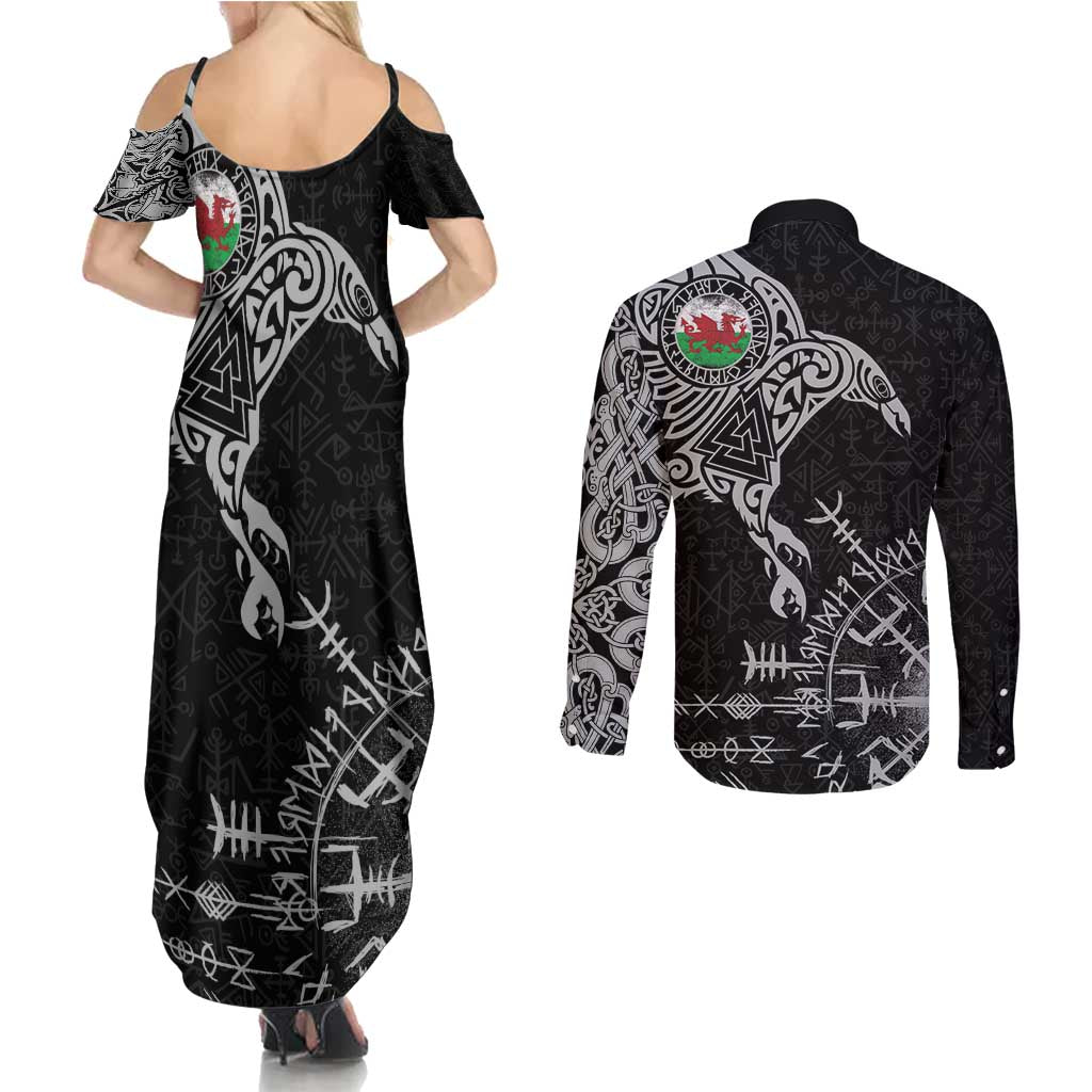 Wales Viking Ravens Couples Matching Summer Maxi Dress and Long Sleeve Button Shirt Vegvisir Runes Pattern - Wonder Print Shop