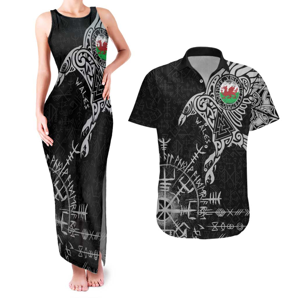 Wales Viking Ravens Couples Matching Tank Maxi Dress and Hawaiian Shirt Vegvisir Runes Pattern - Wonder Print Shop
