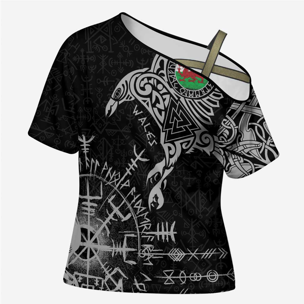 Wales Viking Ravens Cross Shoulder Shirt Vegvisir Runes Pattern - Wonder Print Shop