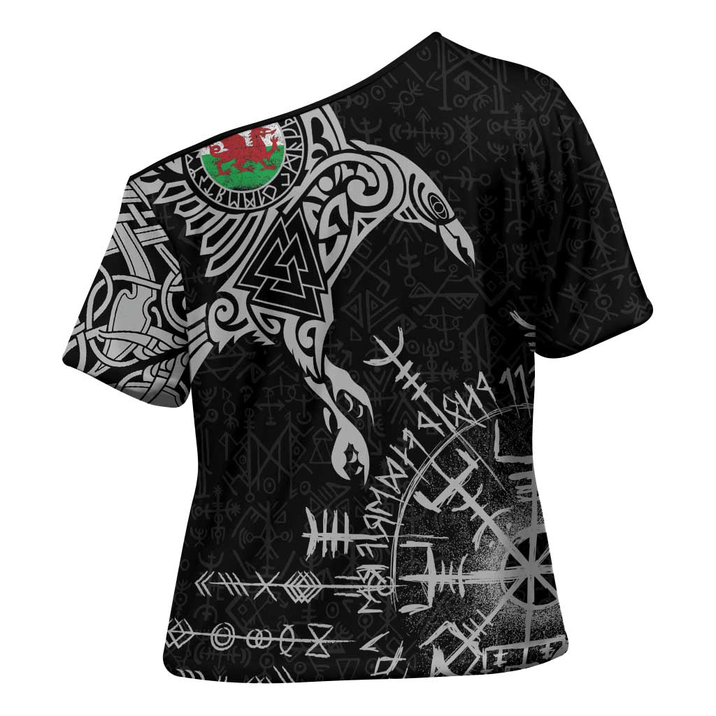 Wales Viking Ravens Cross Shoulder Shirt Vegvisir Runes Pattern - Wonder Print Shop
