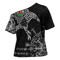 Wales Viking Ravens Cross Shoulder Shirt Vegvisir Runes Pattern - Wonder Print Shop